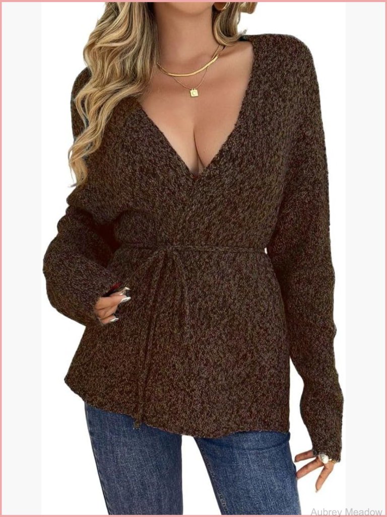 Oversized V Neck Tie Belt Wrap Cardigan Sweater Winter Long Sleeve Knit Open